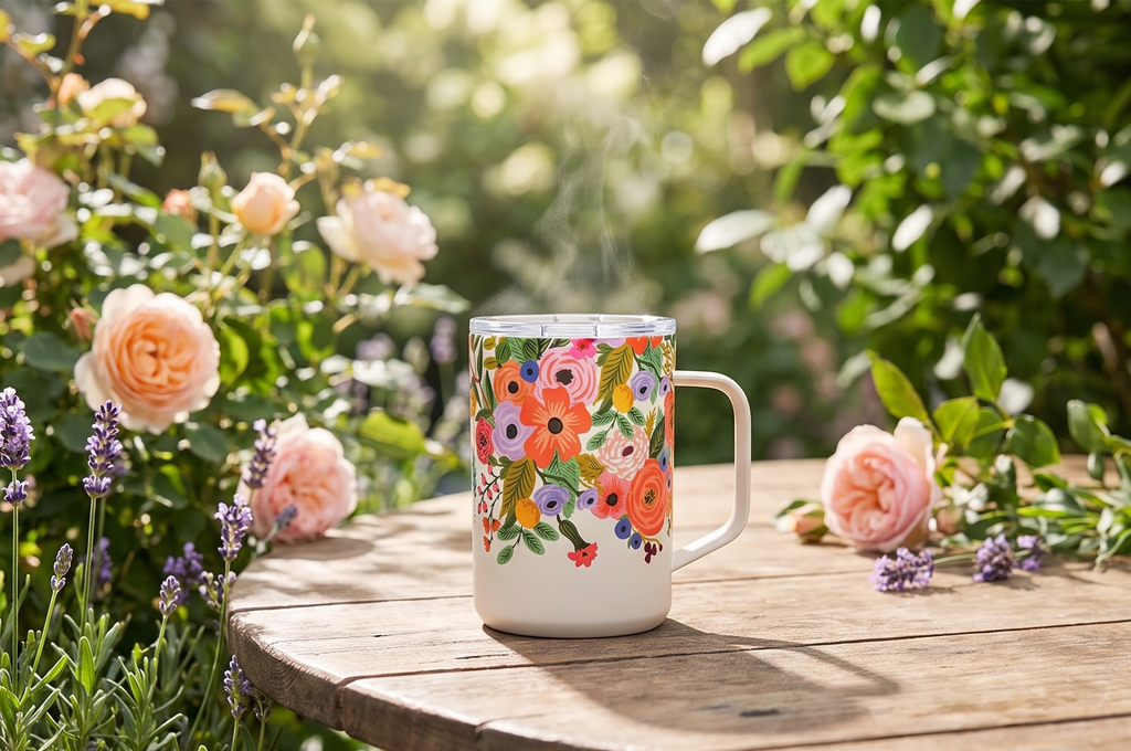 Corkcicle x Rifle Paper Co. Triple Insulated Coffee Mug with Lid & Handle - Keeps Beverages Hot for 3+ Hours - Gift for Mom - Great for Mother's Day or Christmas - 16 oz - Garden Party