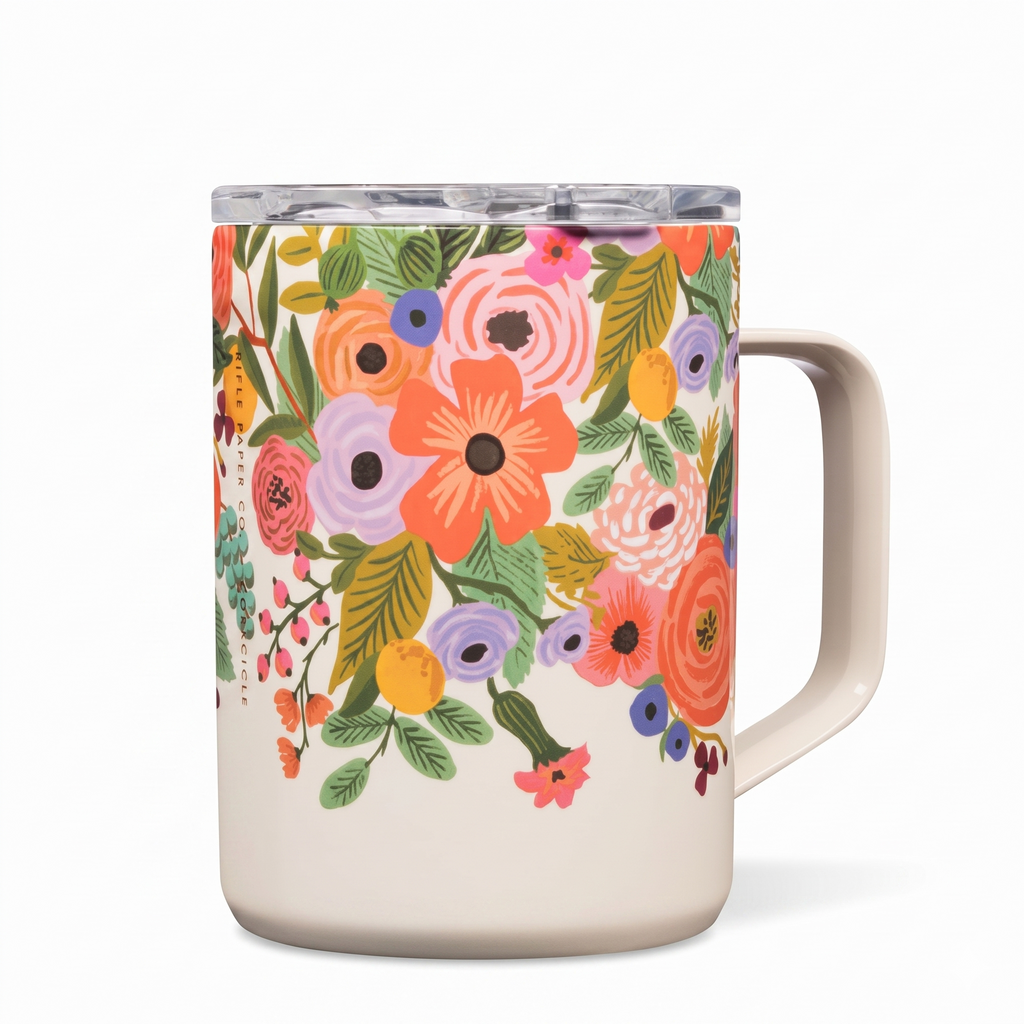 Corkcicle x Rifle Paper Co. Triple Insulated Coffee Mug with Lid & Handle - Keeps Beverages Hot for 3+ Hours - Gift for Mom - Great for Mother's Day or Christmas - 16 oz - Garden Party