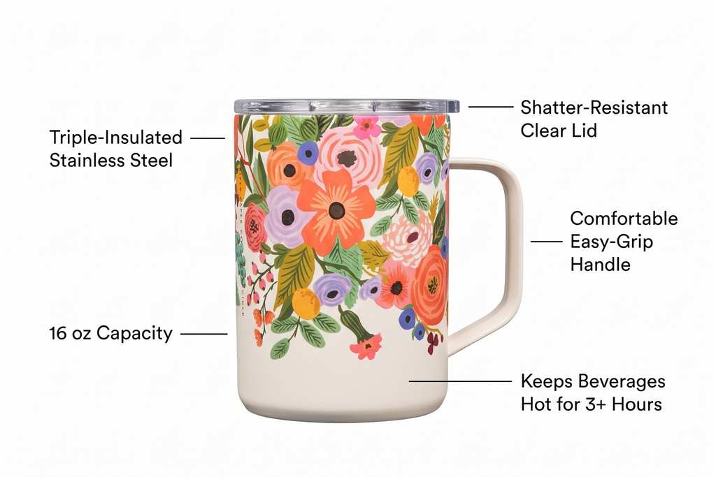 Corkcicle x Rifle Paper Co. Triple Insulated Coffee Mug with Lid & Handle - Keeps Beverages Hot for 3+ Hours - Gift for Mom - Great for Mother's Day or Christmas - 16 oz - Garden Party