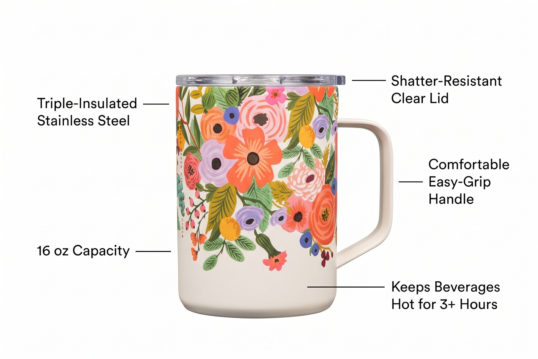 Corkcicle x Rifle Paper Co. Triple Insulated Coffee Mug with Lid & Handle - Keeps Beverages Hot for 3+ Hours - Gift for Mom - Great for Mother's Day or Christmas - 16 oz - Garden Party
