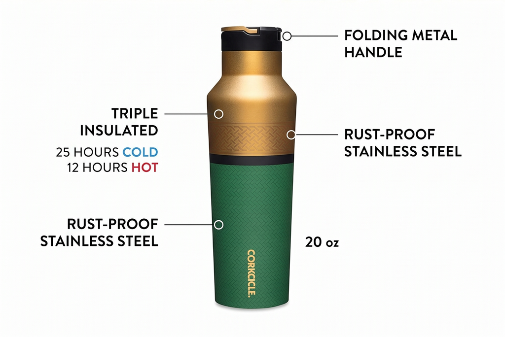 Corkcicle Marvel Sport Canteen - Triple-Insulated Stainless Steel Water Bottle - Straw Cap & Folding Metal Handle - Summer Drinkware Gift - Keeps Drinks Ice Cold - Loki - 20 oz