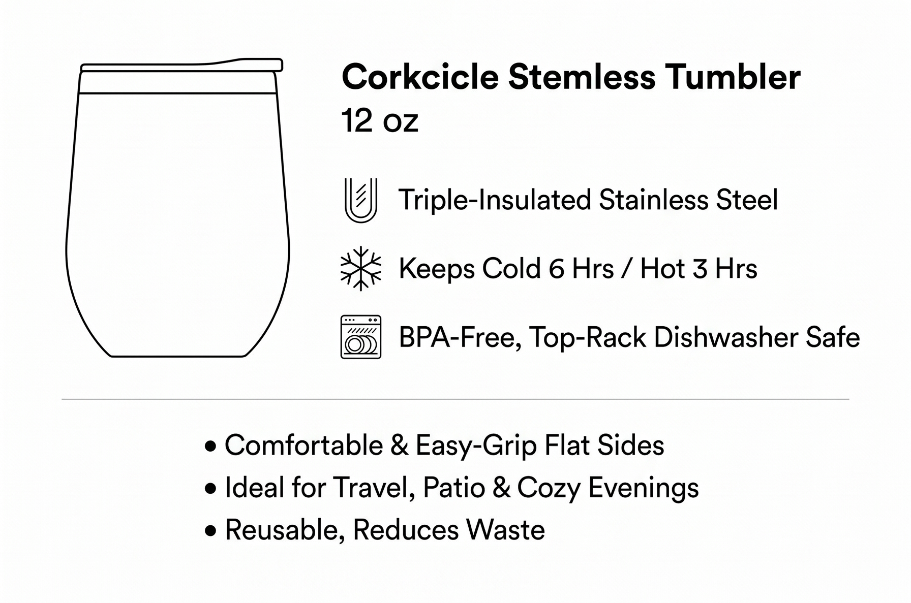 Corkcicle Stemless Insulated Wine Glass Tumbler - Beverages Cold 6 & Hot 3 Hours - Stainless Steel - Easy-Grip - Summer Drinkware Gift - Keeps Drinks Ice - 12 oz - Princess Belle