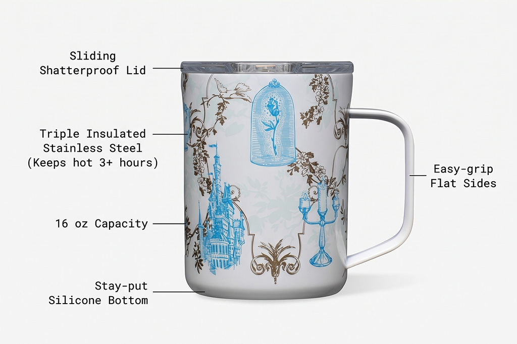 Corkcicle Classic Coffee Mug - Triple Insulated Stainless Steel for Travel - Shatter-Proof Lid - Keeps Drink Hot Over 3 Hours - Holiday Mug Gift - Great for Gifting Warmth - 16 oz - Princess Belle