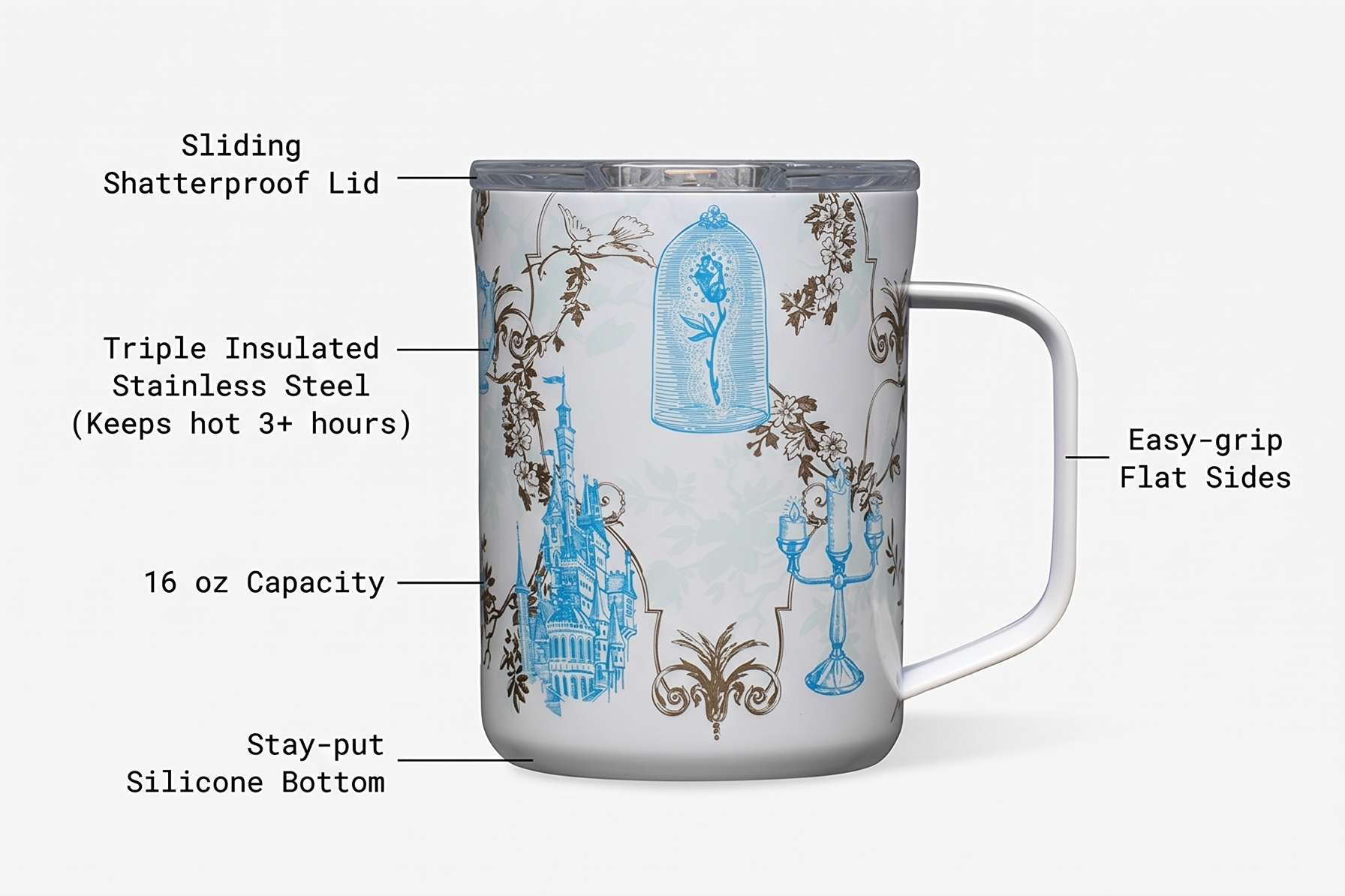 Corkcicle Classic Coffee Mug - Triple Insulated Stainless Steel for Travel - Shatter-Proof Lid - Keeps Drink Hot Over 3 Hours - Holiday Mug Gift - Great for Gifting Warmth - 16 oz - Princess Belle
