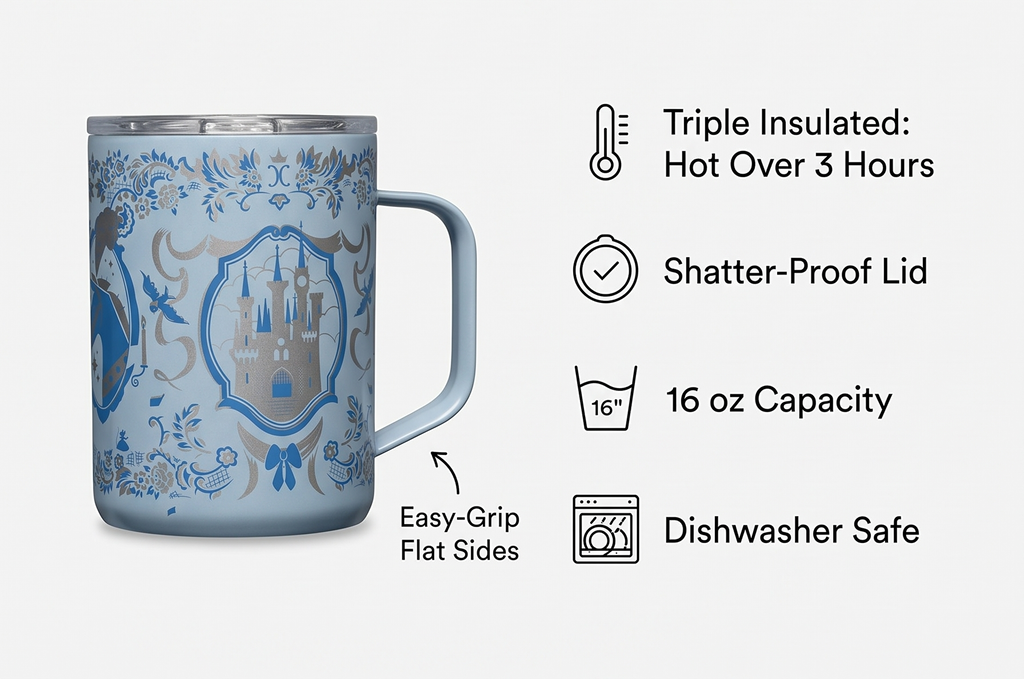 Corkcicle Classic Coffee Mug - Triple Insulated Stainless Steel for Travel - Shatter-Proof Lid - Keeps Drink Hot Over 3 Hours - Holiday Mug Gift - 16 oz - Princess Cinderella