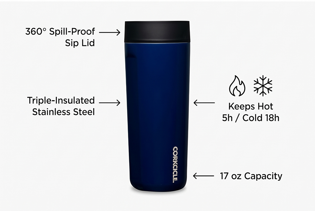 Corkcicle Commuter Cup Travel Mug - Insulated Coffee Mug with Lid - Keeps Drinks Cold 18 Hours - 360° Spill-Proof Sip Lid - Holiday Gift - Great for Gifting Warmth - 17 oz - Midnight Navy