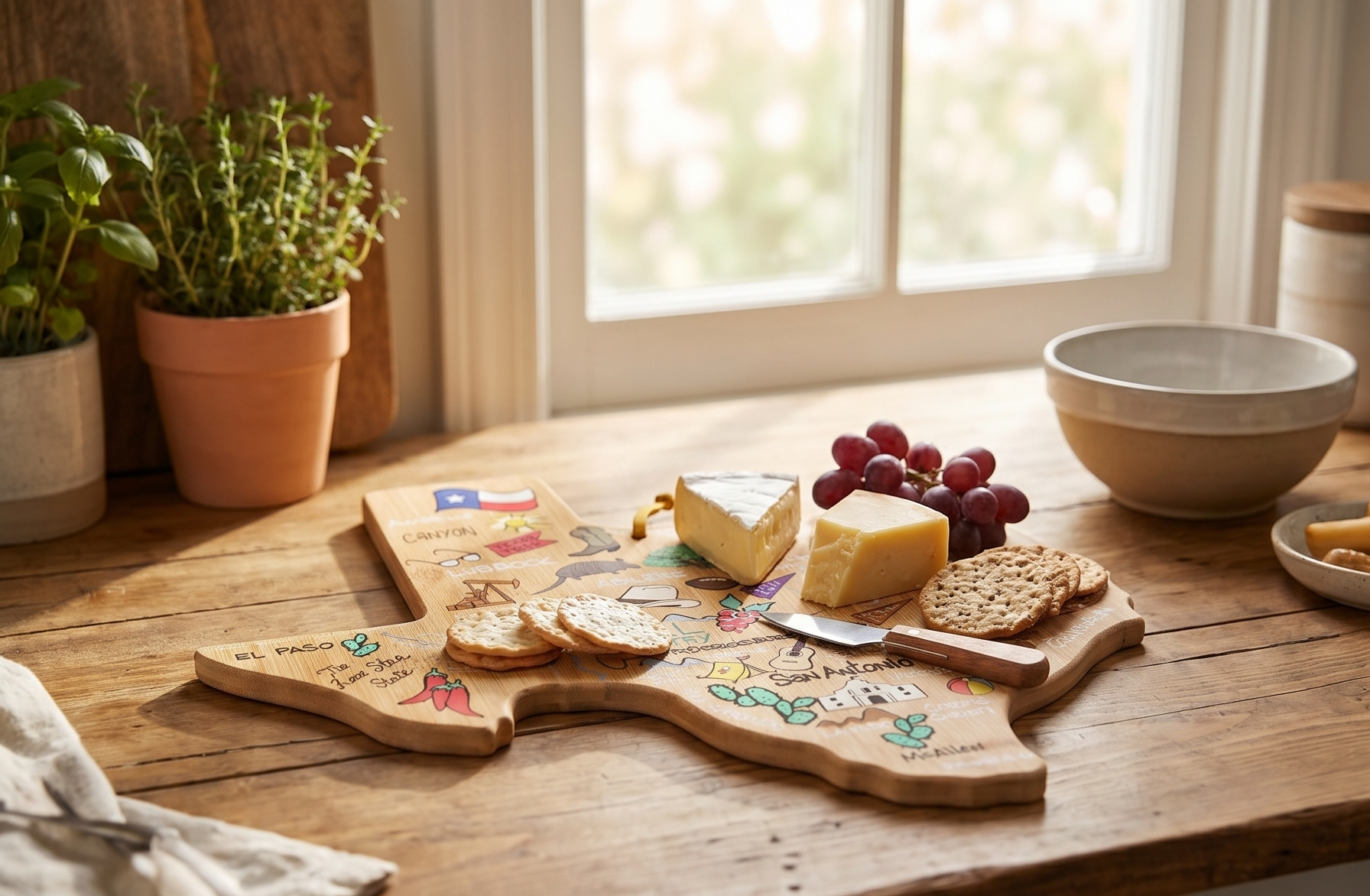 Totally Bamboo Texas State Shaped Cutting Board with Artwork by Fish Kiss – Colorful Map Artwork for Serving, Display or Kitchen Use – Unique Texas Gift and Home Décor