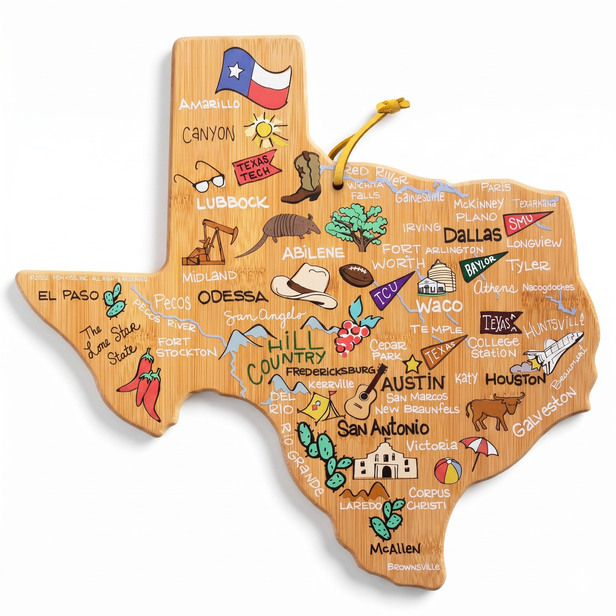 Totally Bamboo Texas State Shaped Cutting Board with Artwork by Fish Kiss – Colorful Map Artwork for Serving, Display or Kitchen Use – Unique Texas Gift and Home Décor