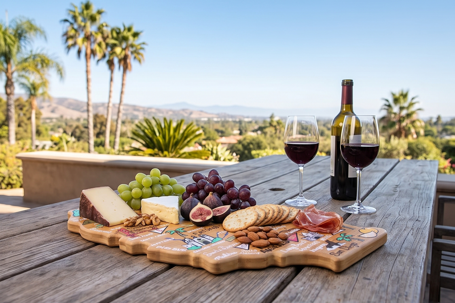 Totally Bamboo California State Shaped Cutting Board and Charcuterie Serving Platter with Artwork by Fish Kiss, Includes Hang Tie for Wall Display