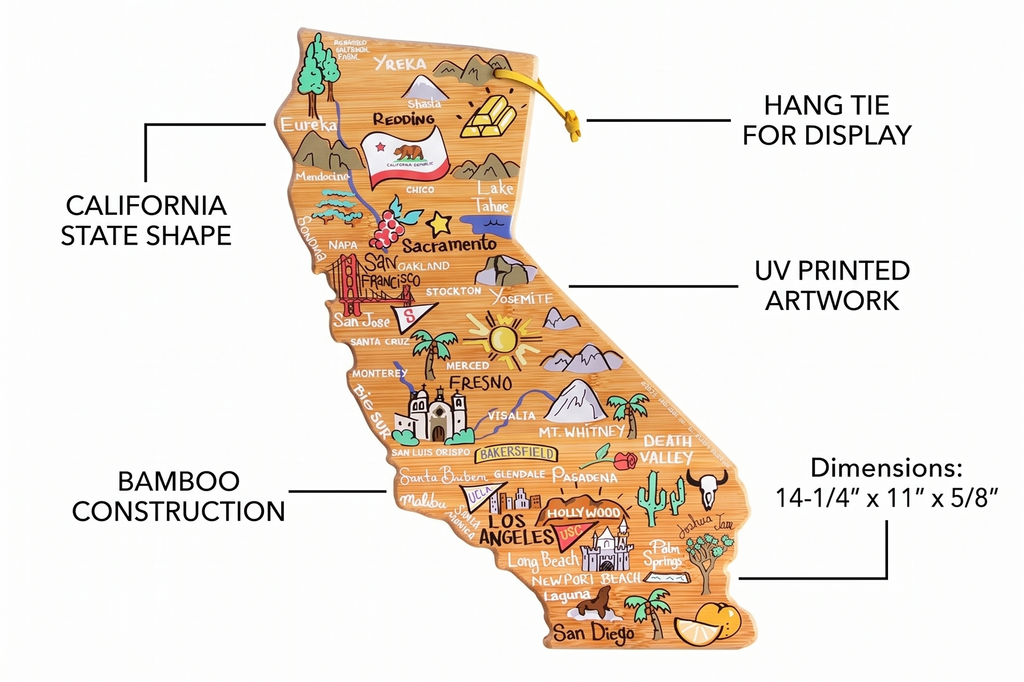 Totally Bamboo California State Shaped Cutting Board and Charcuterie Serving Platter with Artwork by Fish Kiss, Includes Hang Tie for Wall Display