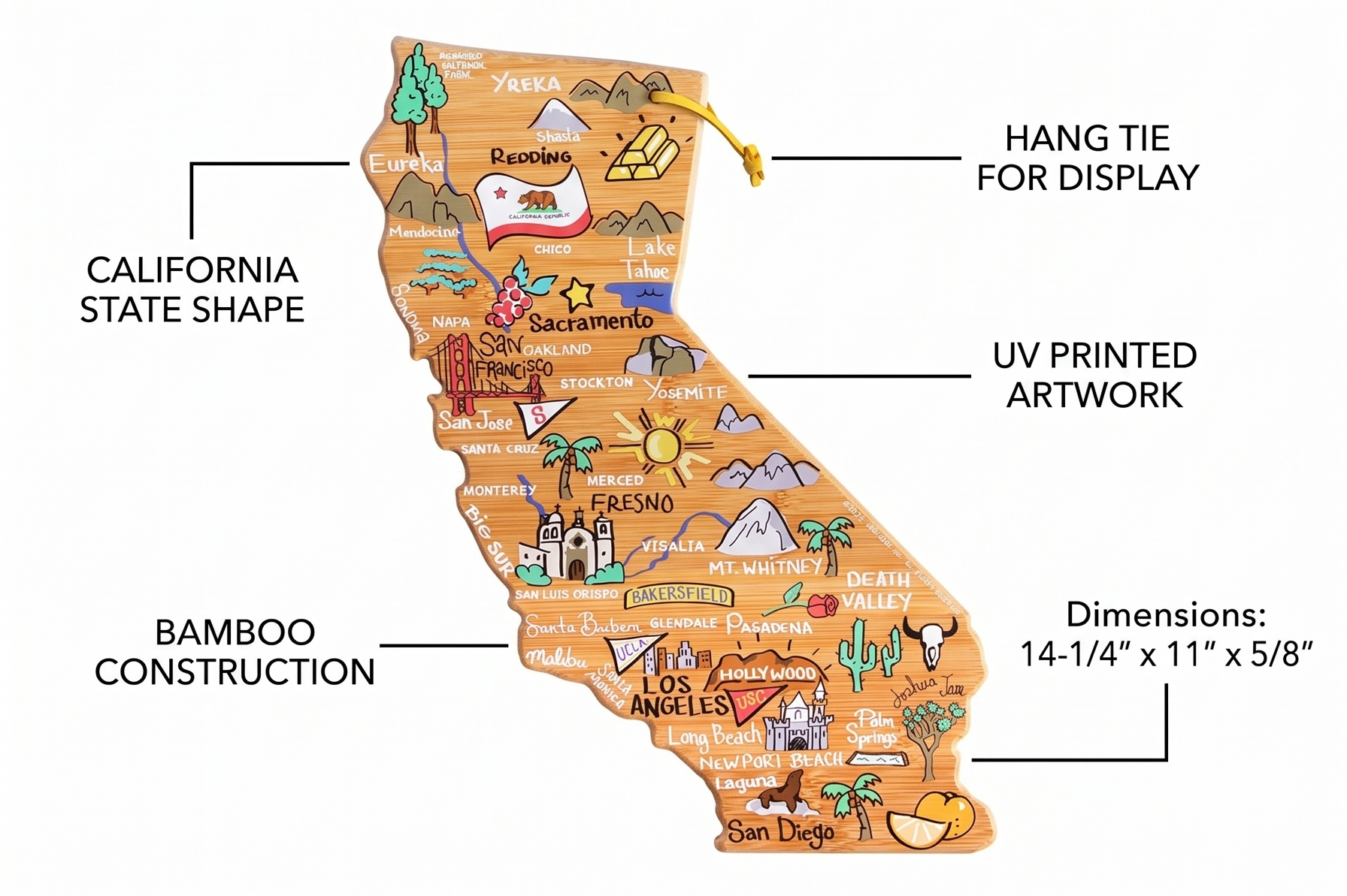 Totally Bamboo California State Shaped Cutting Board and Charcuterie Serving Platter with Artwork by Fish Kiss, Includes Hang Tie for Wall Display