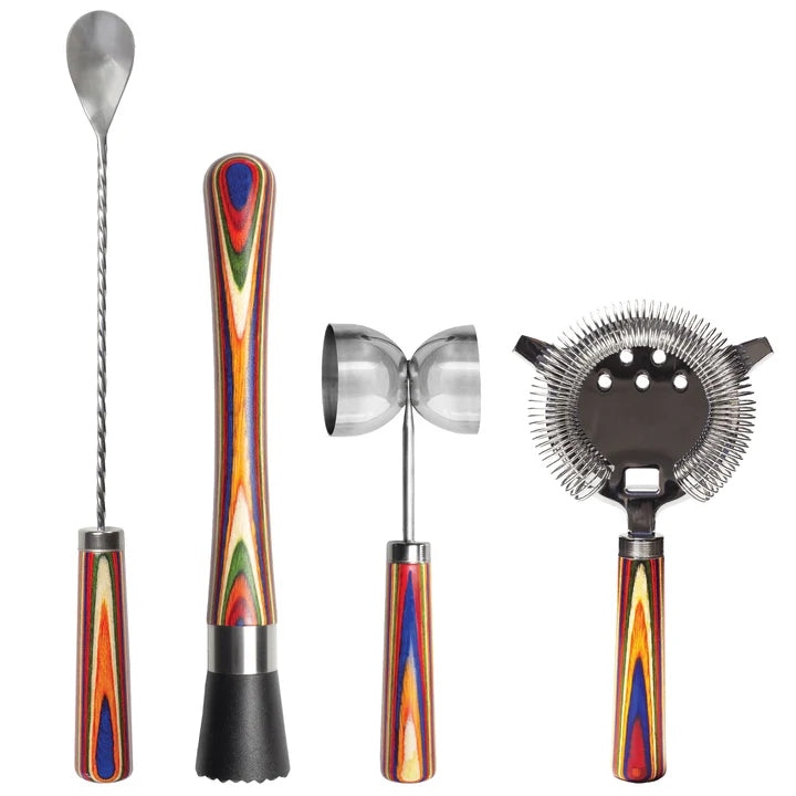 Totally Bamboo Baltique Marrakesh 4 Piece Bartender Kit, Bartending Gift Set with Essential Bar Accessory Tools, Includes Muddler, Double Sided Jigger, Hawthorne Cocktail Strainer and Bar Spoon