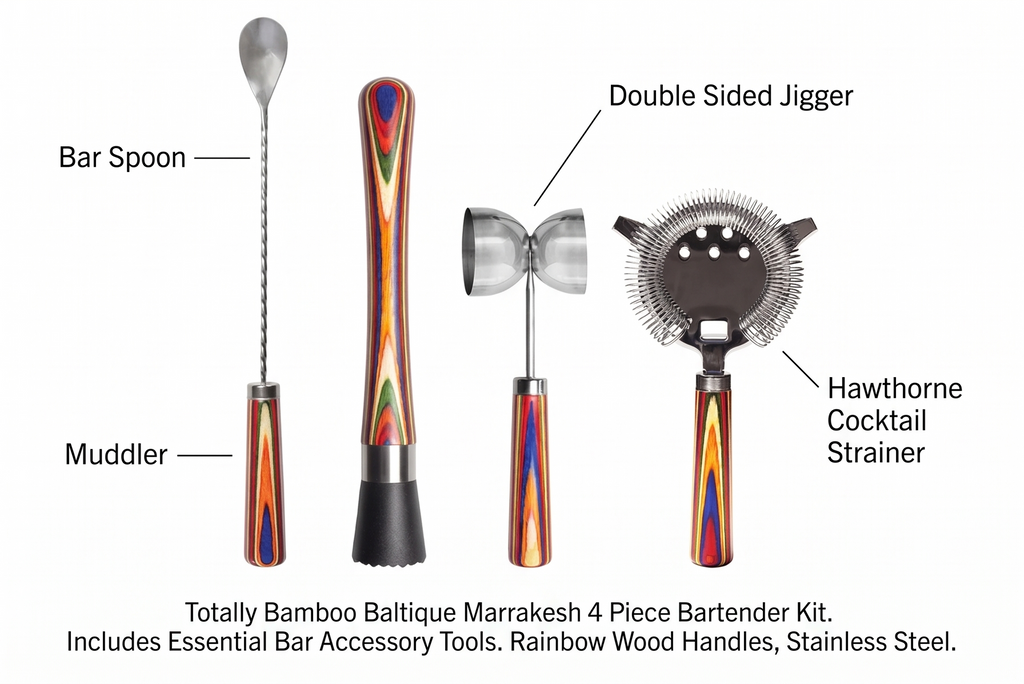 Totally Bamboo Baltique Marrakesh 4 Piece Bartender Kit, Bartending Gift Set with Essential Bar Accessory Tools, Includes Muddler, Double Sided Jigger, Hawthorne Cocktail Strainer and Bar Spoon