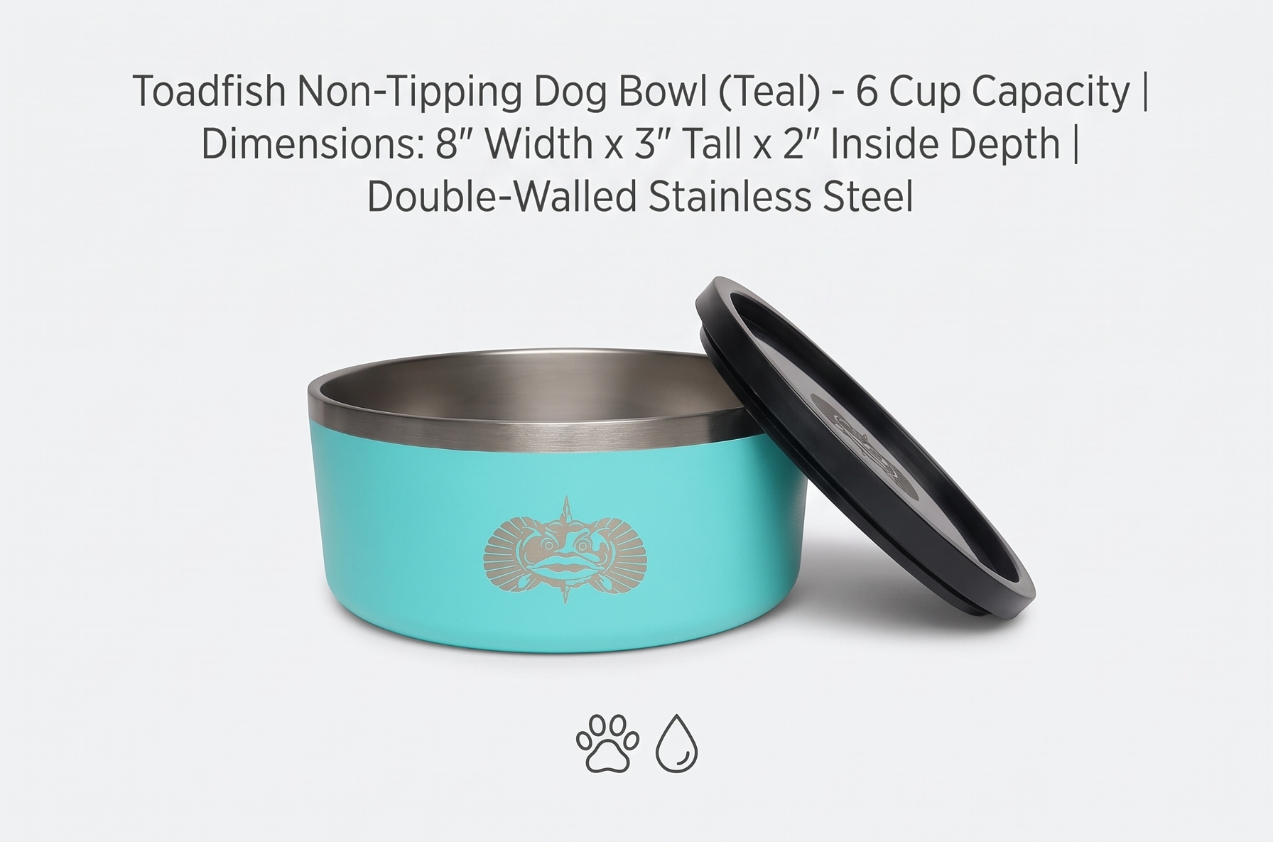 Toadfish Non-Tipping Dog Bowl - Double-Walled Stainless Steel Insulated - Smart-Grip Technology - Includes Cover - Pet Food & Water Dish - Teal