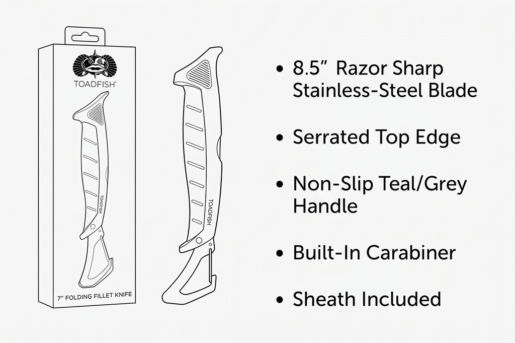 Toadfish Stowaway Fillet Knife, 8.5'' Razor Sharp Stainless-Steel Blade, Built-In Carabiner and Sheath, Non-Slip Handle
