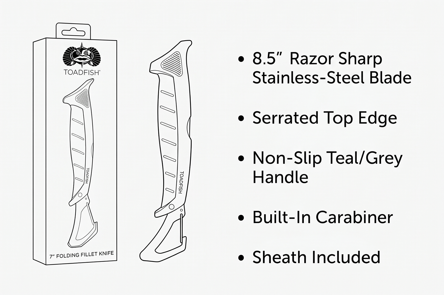 Toadfish Stowaway Fillet Knife, 8.5'' Razor Sharp Stainless-Steel Blade, Built-In Carabiner and Sheath, Non-Slip Handle