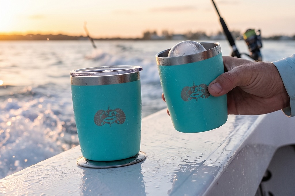 Toadfish Non-tipping 10oz Double Wall Insulated Stainless Steel Rocks Tumbler 2-Pack Gift Set w/Ice Ball Tray & Easy Slide Lid - Teal