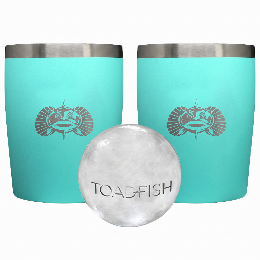Toadfish Non-tipping 10oz Double Wall Insulated Stainless Steel Rocks Tumbler 2-Pack Gift Set w/Ice Ball Tray & Easy Slide Lid - Teal