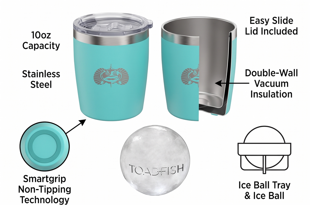 Toadfish Non-tipping 10oz Double Wall Insulated Stainless Steel Rocks Tumbler 2-Pack Gift Set w/Ice Ball Tray & Easy Slide Lid - Teal