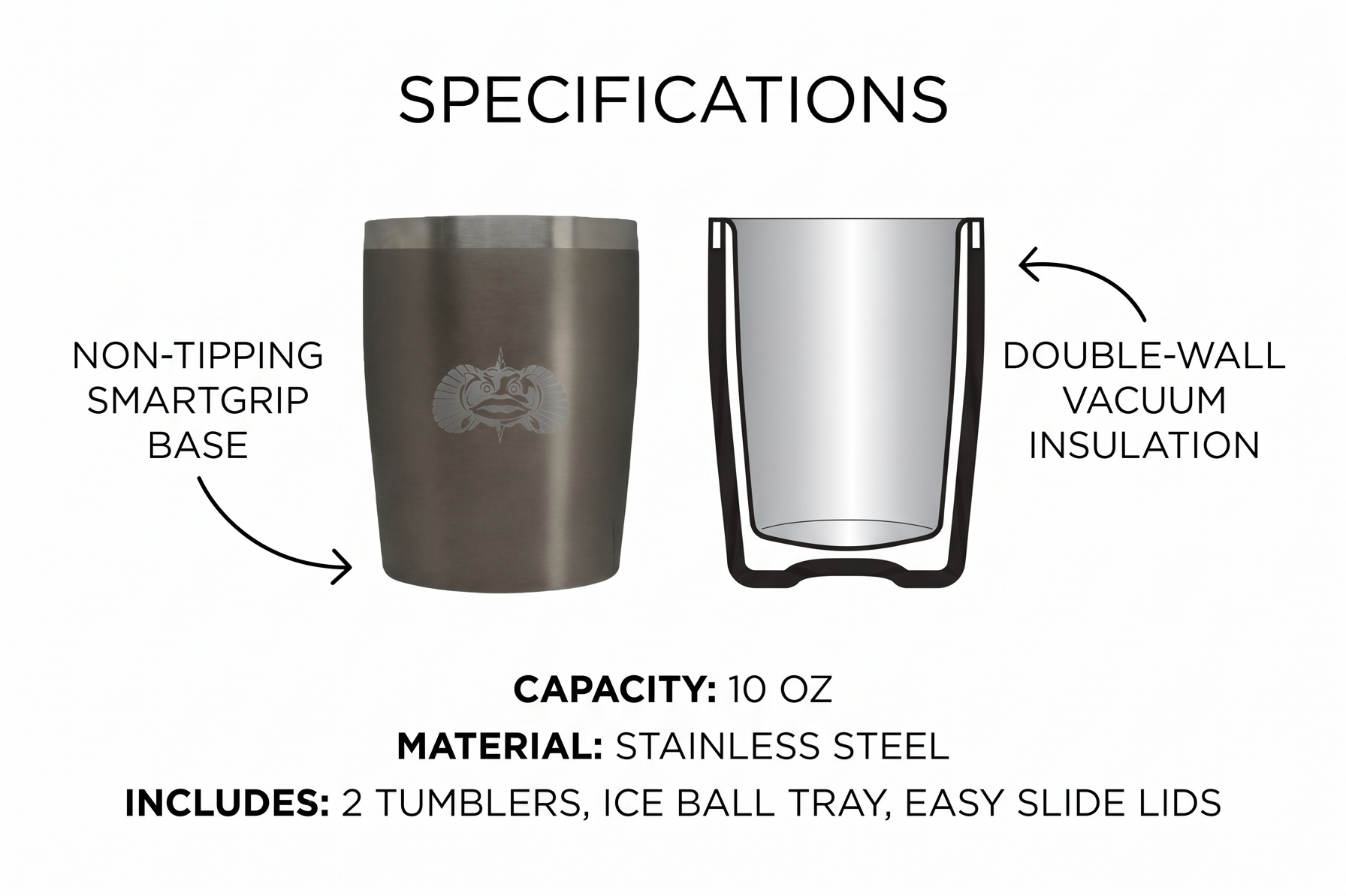 Toadfish Non-tipping 10oz Double Wall Insulated Stainless Steel Rocks Tumbler 2-Pack Gift Set w/Ice Ball Tray & Easy Slide Lid - Graphite