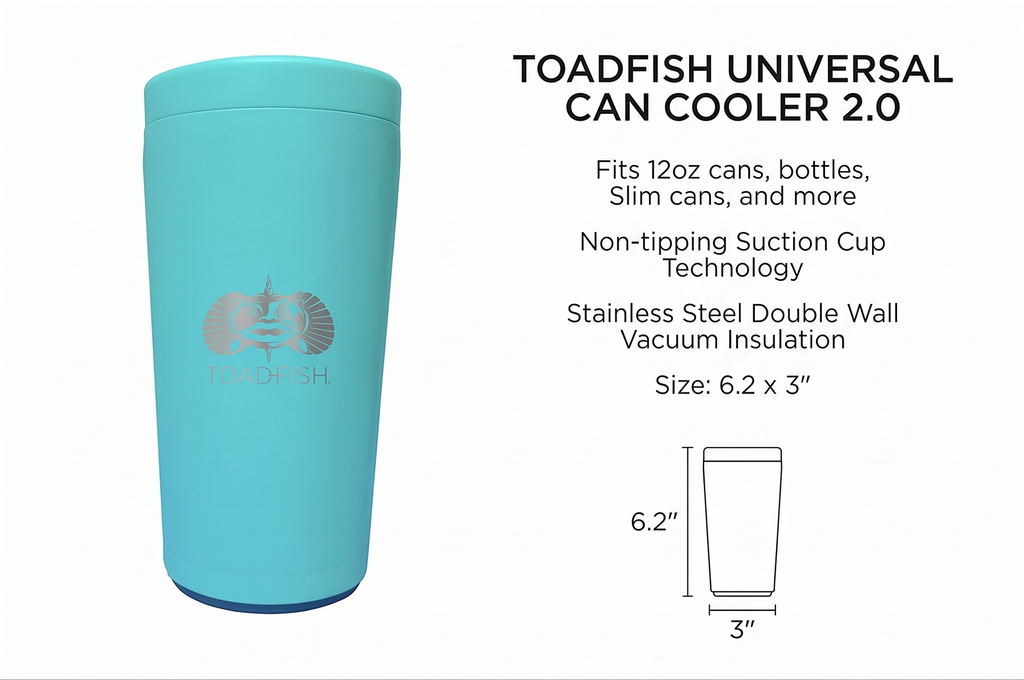 Toadfish Universal Can Cooler 2.0 - Fits, 12oz cans, bottles, Slim cans, and more - Non-tipping Suction Cup Technology - Stainless Steel Double Wall Vaccum Insulation (Teal)