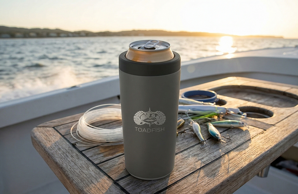 Toadfish Universal Can Cooler 2.0 - Fits, 12oz cans, bottles, Slim cans, and more - Non-tipping Suction Cup Technology - Stainless Steel Double Wall Vaccum Insulation