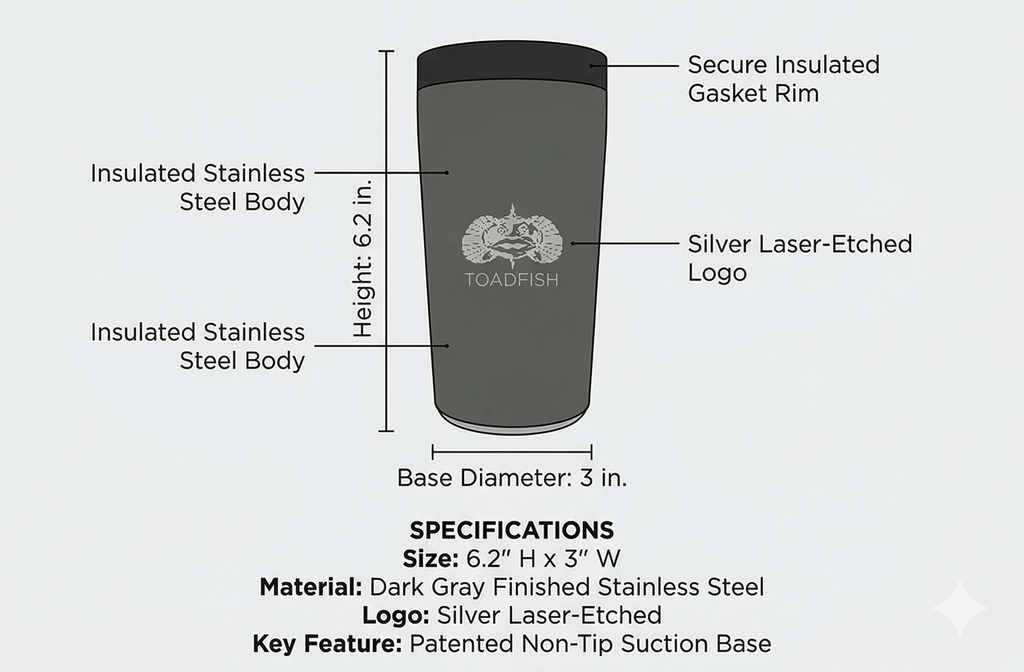Toadfish Universal Can Cooler 2.0 - Fits, 12oz cans, bottles, Slim cans, and more - Non-tipping Suction Cup Technology - Stainless Steel Double Wall Vaccum Insulation