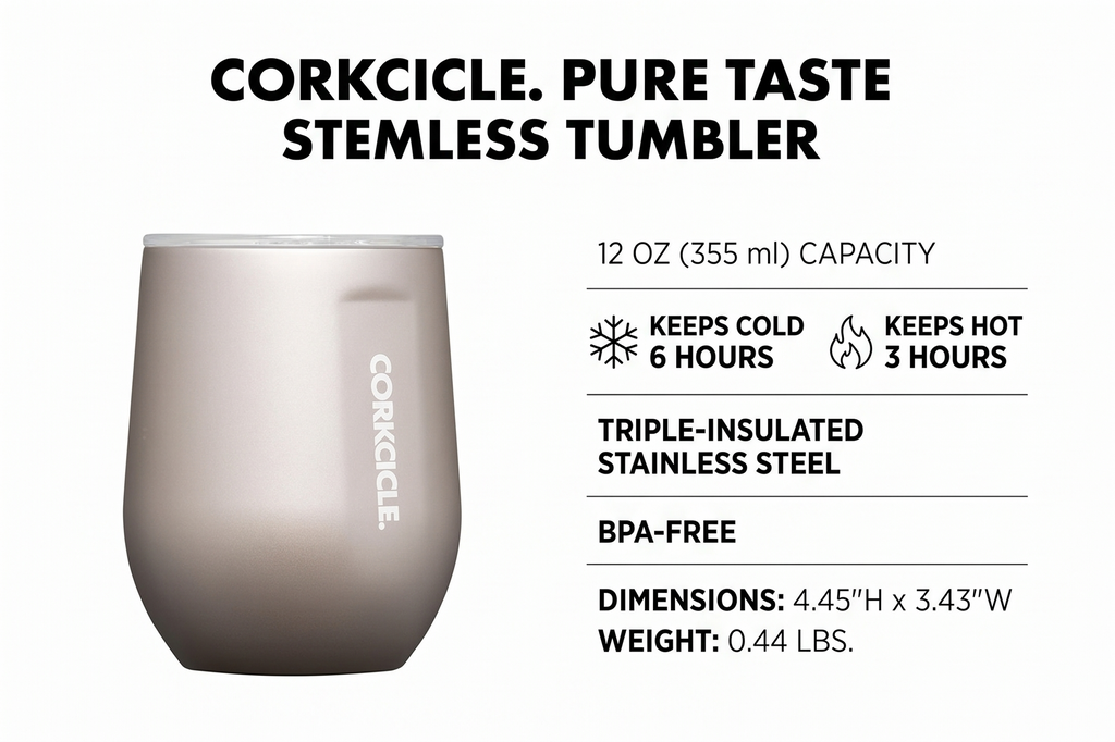 Corkcicle Pure Taste Stemless Insulated Wine Glass Tumbler - Keeps Beverages Cold 6 Hours & Hot 3 Hours - Stainless Steel - Easy-Grip - Summer Drinkware Gift - 12 oz - Latte/Oat Milk