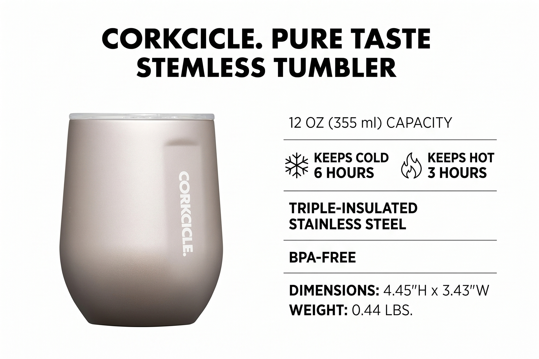 Corkcicle Pure Taste Stemless Insulated Wine Glass Tumbler - Keeps Beverages Cold 6 Hours & Hot 3 Hours - Stainless Steel - Easy-Grip - Summer Drinkware Gift - 12 oz - Latte/Oat Milk