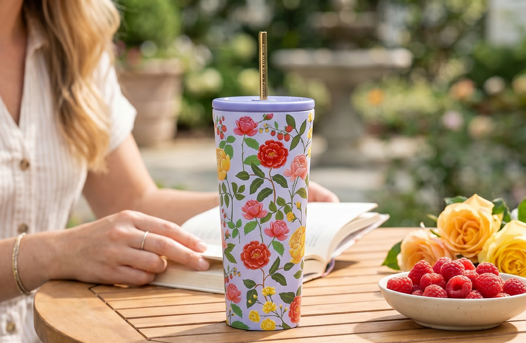 Corkcicle x Rifle Paper Co. Cold Cup Insulated Tumbler with Lid & Straw - Keeps Drinks Cold 12 Hours - Gift for Mom - Great for Mother's Day or Christmas - 24 oz - Roses Purple