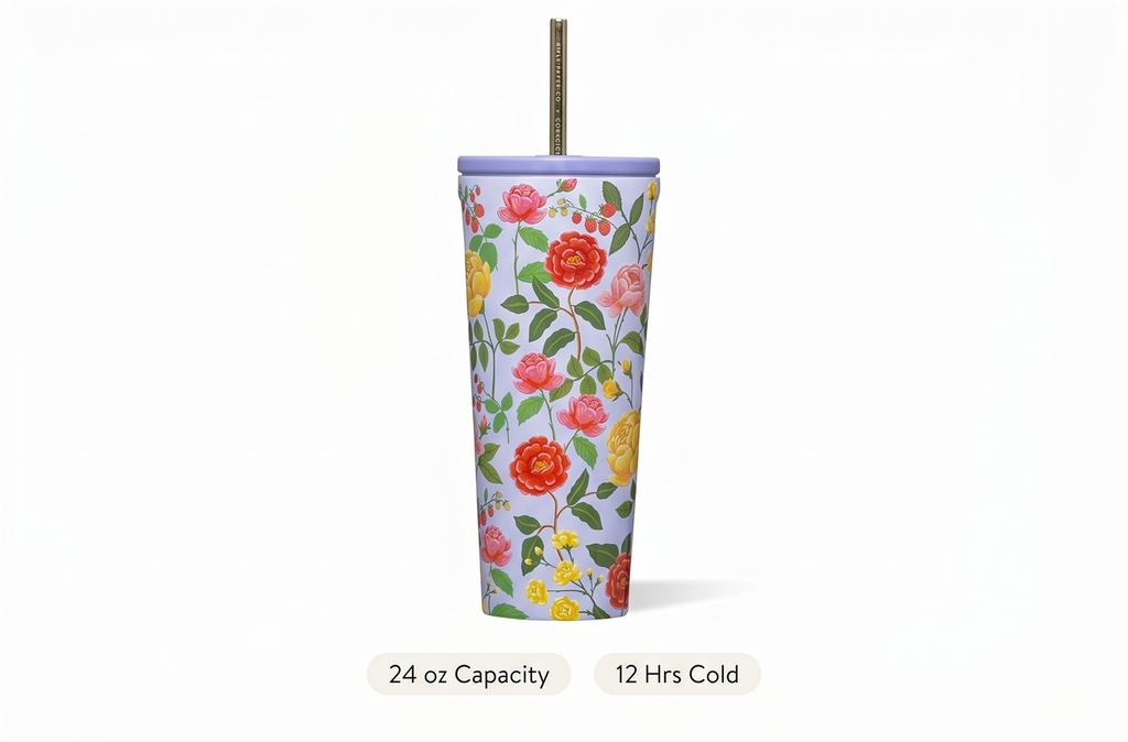 Corkcicle x Rifle Paper Co. Cold Cup Insulated Tumbler with Lid & Straw - Keeps Drinks Cold 12 Hours - Gift for Mom - Great for Mother's Day or Christmas - 24 oz - Roses Purple