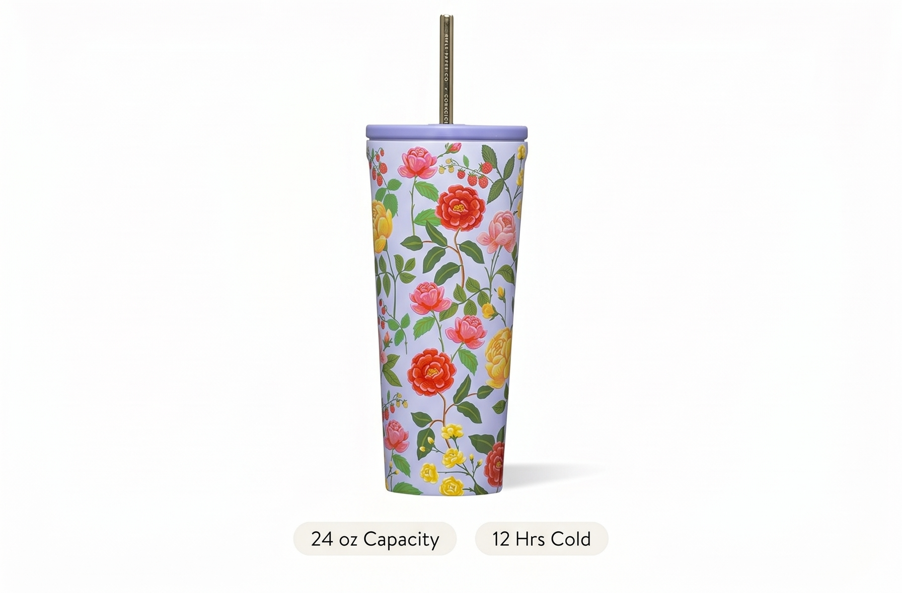 Corkcicle x Rifle Paper Co. Cold Cup Insulated Tumbler with Lid & Straw - Keeps Drinks Cold 12 Hours - Gift for Mom - Great for Mother's Day or Christmas - 24 oz - Roses Purple