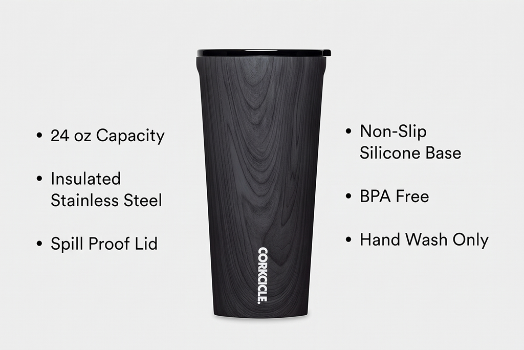 Corkcicle Classic Tumbler - Insulated Stainless Steel Travel Cup - Cold & Hot Drinks - Reusable - Durable - Spill Proof Lid - Non-Slip Silicone Base - Easy Grip - BPA Free - 24 oz - Burnt Wood
