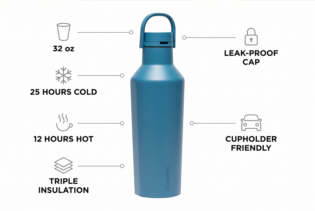 Corkcicle Classic Sport Canteen Insulated Water Bottle - Keeps Beverages Cold 25 Hours - Triple Insulated - Summer Drinkware Gift - Keeps Drinks Ice Cold - Leak-Proof Cap - 32 oz - North Shore