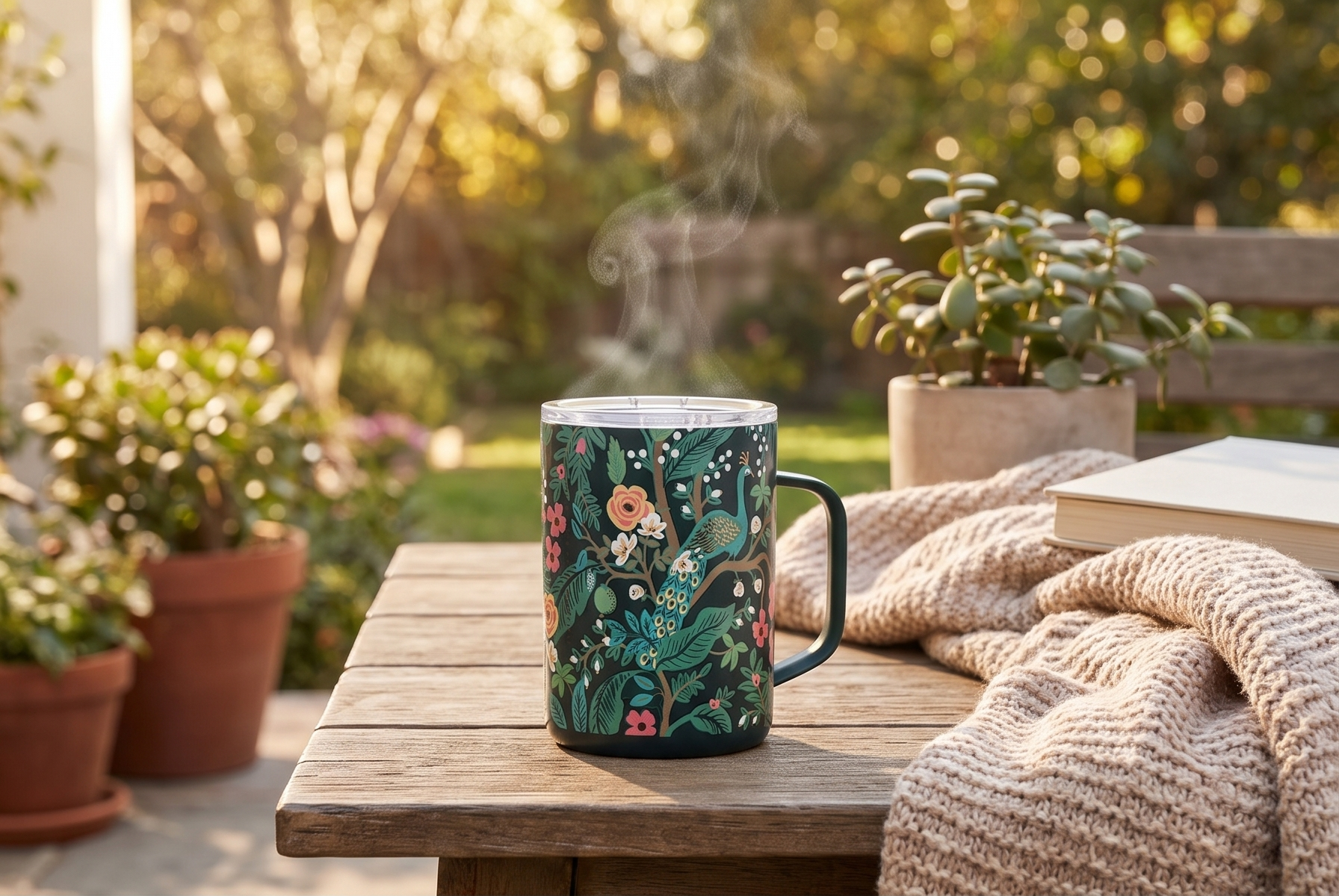 Corkcicle x Rifle Paper Co. Triple Insulated Coffee Mug with Lid & Handle - Keeps Beverages Hot for 3+ Hours - Gift for Mom - Great for Mother's Day or Christmas - 16 oz - Peacock Blue