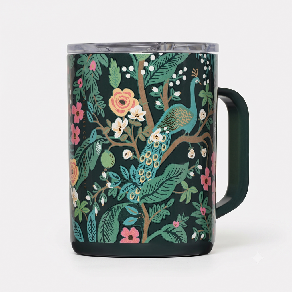 Corkcicle x Rifle Paper Co. Triple Insulated Coffee Mug with Lid & Handle - Keeps Beverages Hot for 3+ Hours - Gift for Mom - Great for Mother's Day or Christmas - 16 oz - Peacock Blue