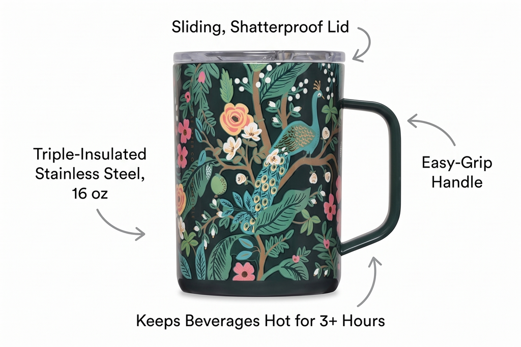 Corkcicle x Rifle Paper Co. Triple Insulated Coffee Mug with Lid & Handle - Keeps Beverages Hot for 3+ Hours - Gift for Mom - Great for Mother's Day or Christmas - 16 oz - Peacock Blue