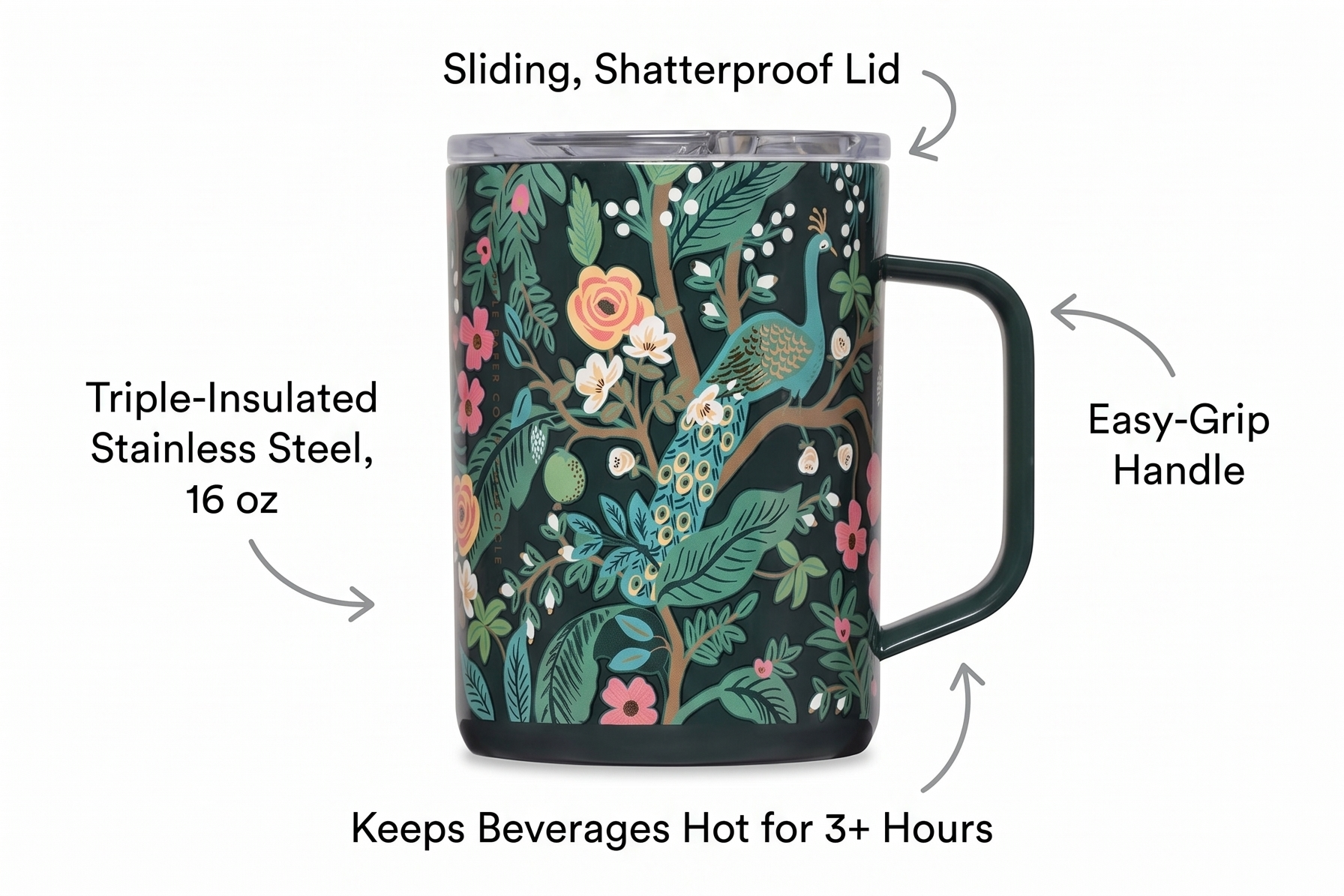 Corkcicle x Rifle Paper Co. Triple Insulated Coffee Mug with Lid & Handle - Keeps Beverages Hot for 3+ Hours - Gift for Mom - Great for Mother's Day or Christmas - 16 oz - Peacock Blue