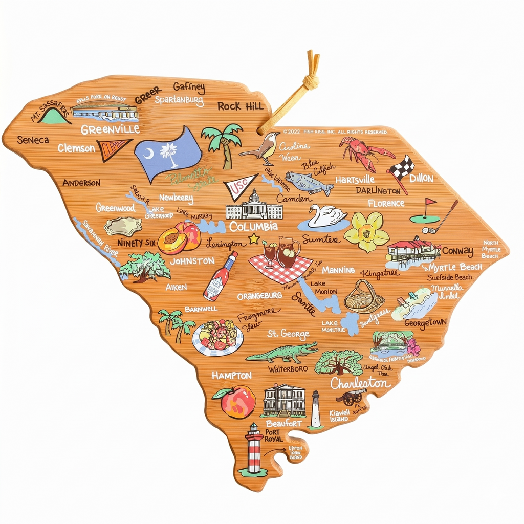 Totally Bamboo South Carolina State Shaped Cutting Board and Charcuterie Serving Platter with Artwork by Fish Kiss, Includes Hang Tie for Wall Display