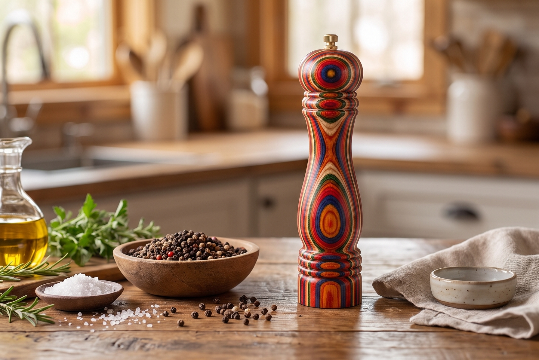 Baltique Marrakesh Wooden Pepper Grinder, Colorful Wood Pepper Mill with Adjustable Stainless Steel Grinding Mechanism, Refillable Manual Mill for Kitchen and Table Use, 8-Inch