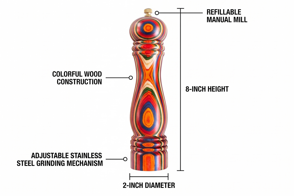 Baltique Marrakesh Wooden Pepper Grinder, Colorful Wood Pepper Mill with Adjustable Stainless Steel Grinding Mechanism, Refillable Manual Mill for Kitchen and Table Use, 8-Inch