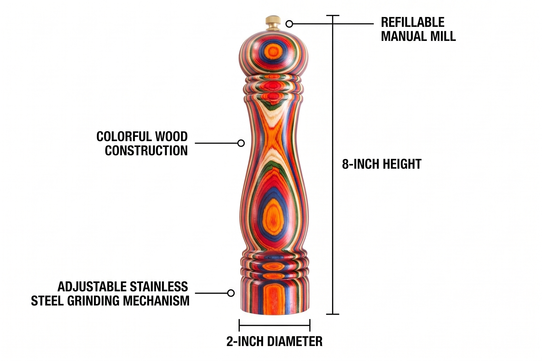 Baltique Marrakesh Wooden Pepper Grinder, Colorful Wood Pepper Mill with Adjustable Stainless Steel Grinding Mechanism, Refillable Manual Mill for Kitchen and Table Use, 8-Inch