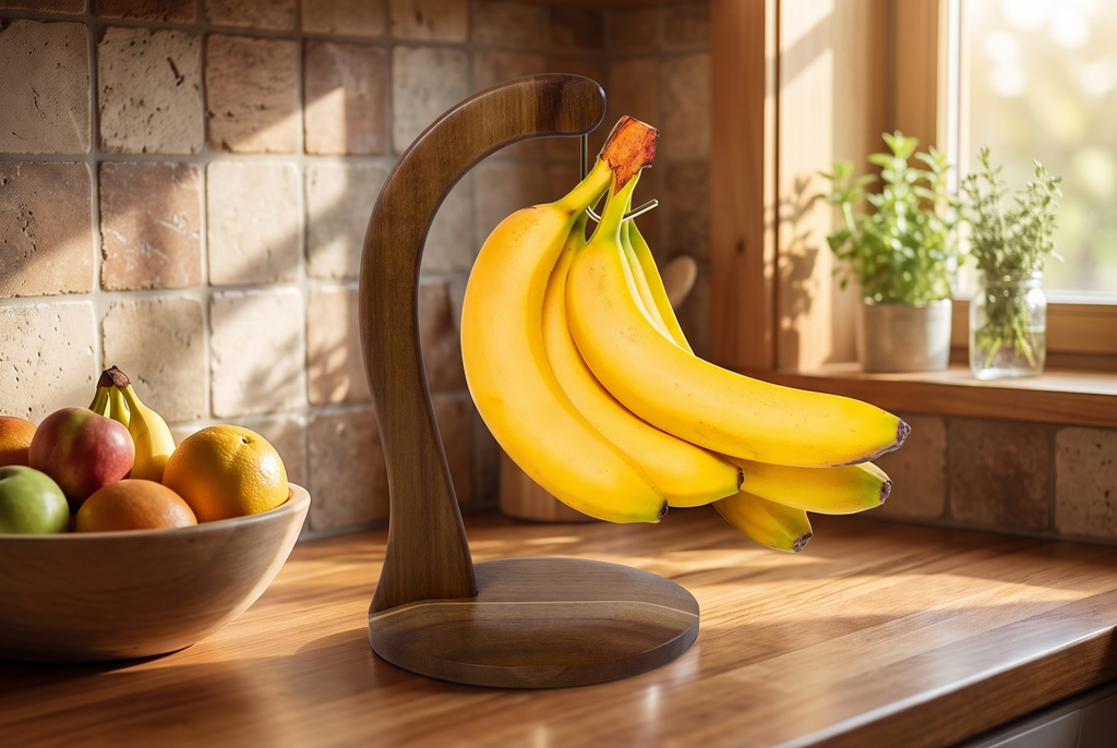 Totally Bamboo Rock & Branch Acacia Wood Banana Holder, Wooden Banana Hanger Stand with Metal Hook