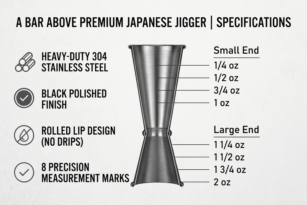 A Bar Above Premium Japanese Jigger, with 8 Measurements Inside, Professional and Heavy-Duty, 304 Stainless Steel Cocktail Double Jiggers, for Bartending, 1 Jigger, Black