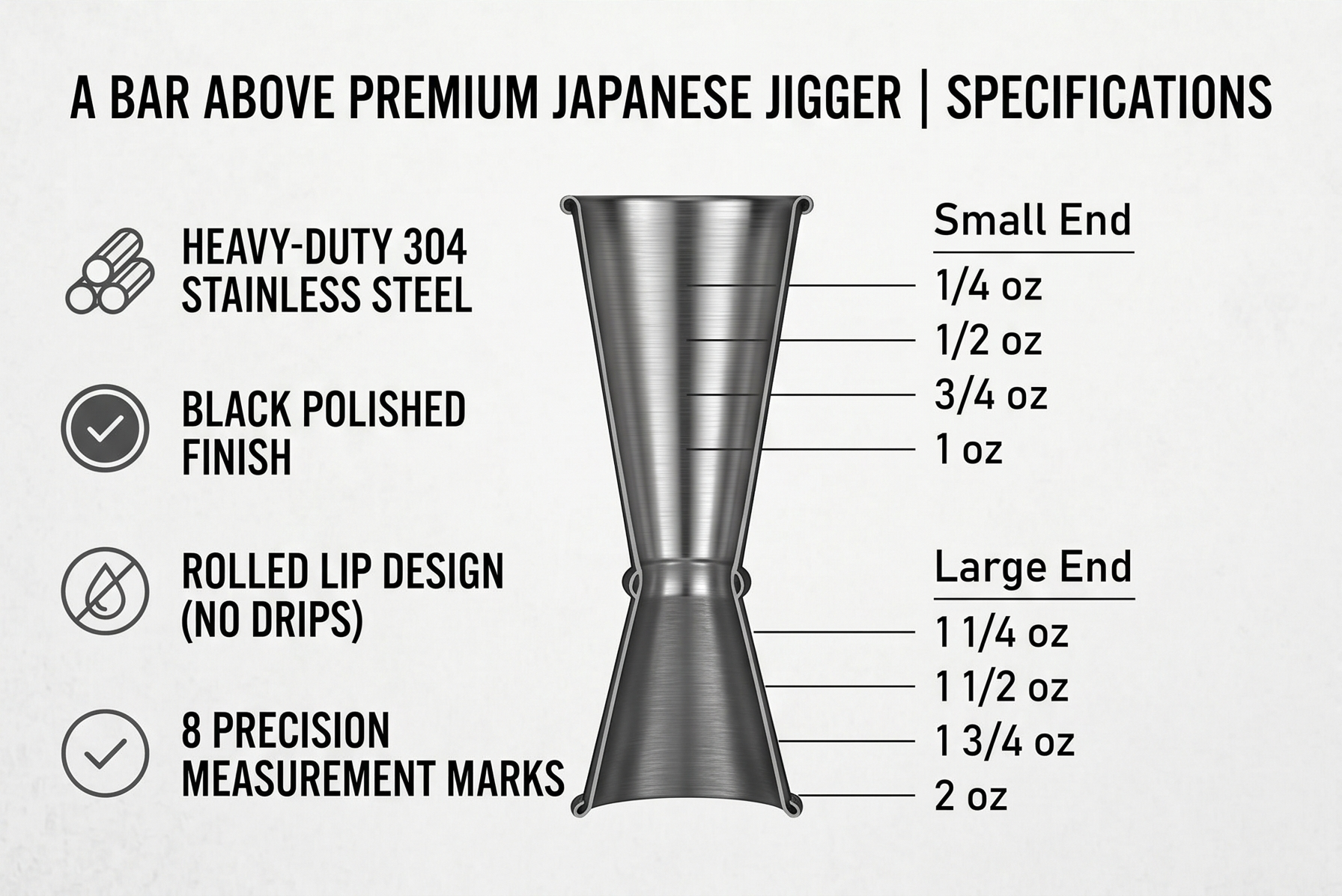 A Bar Above Premium Japanese Jigger, with 8 Measurements Inside, Professional and Heavy-Duty, 304 Stainless Steel Cocktail Double Jiggers, for Bartending, 1 Jigger, Black