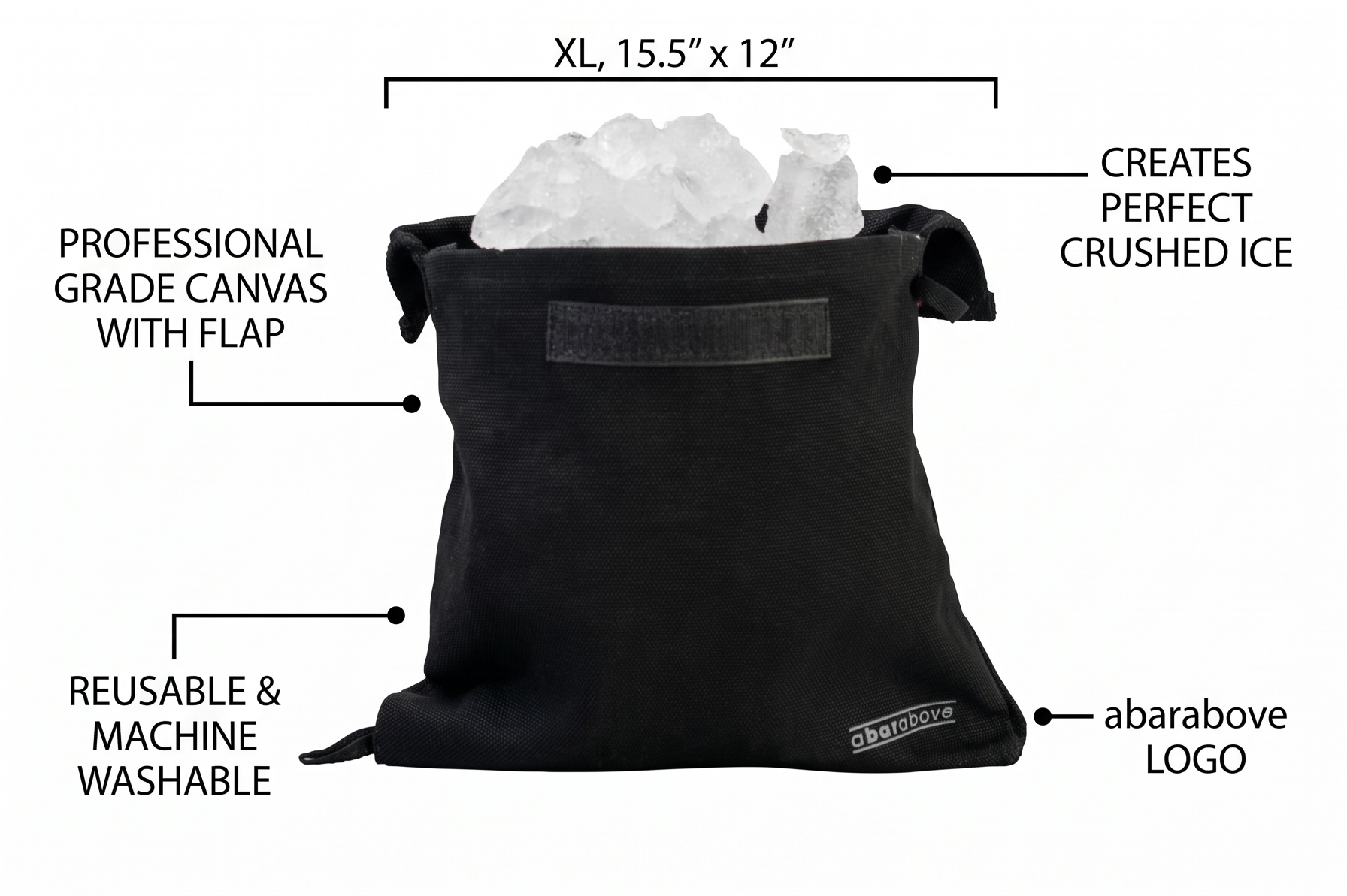 A Bar Above Premium Lewis Bag, Reusable Black Ice Bag, for Crushed Ice, Professional Grade Canvas with Flap, Creates Perfect Crushed Ice, for Cocktails, Mai Tais, and More, XL, 15.5" x 12"