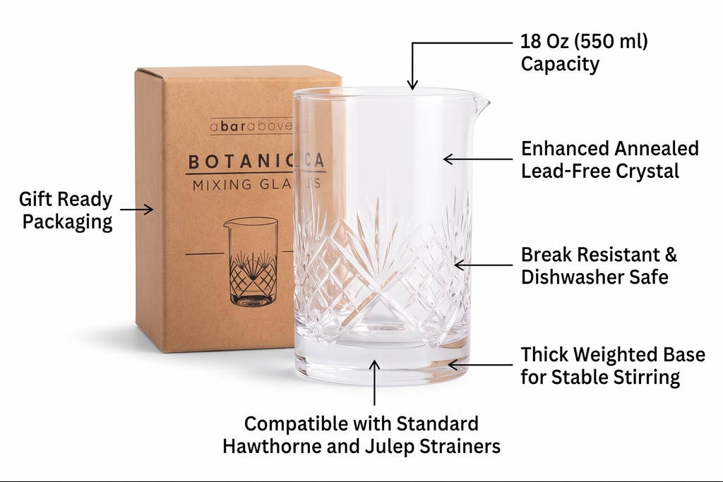 A Bar Above Cocktail Mixing Glass, Botanica Enhanced Annealed Lead-Free Crystal Stirring Pitcher, Thick Weighted Base for Stable Stirring, 18 Oz Drink Mixer for Craft Cocktails at Home or Bars