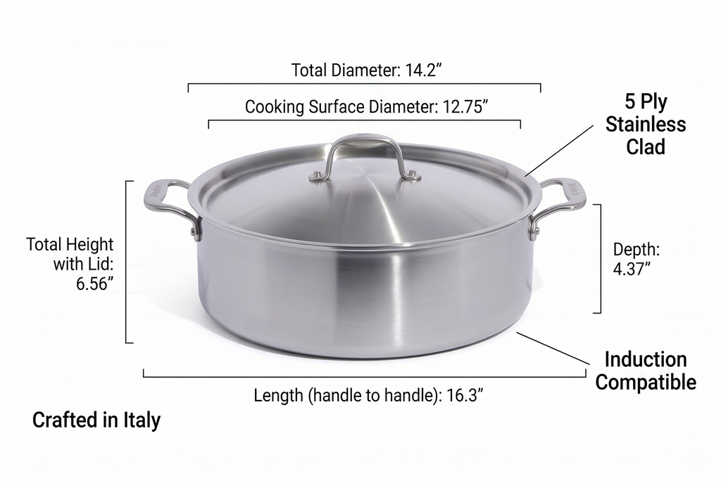 Made In Cookware - 10 Quart Stainless Steel Rondeau Pot w/Lid - 5 Ply Stainless Clad - Professional Cookware - Crafted in Italy - Induction Compatible