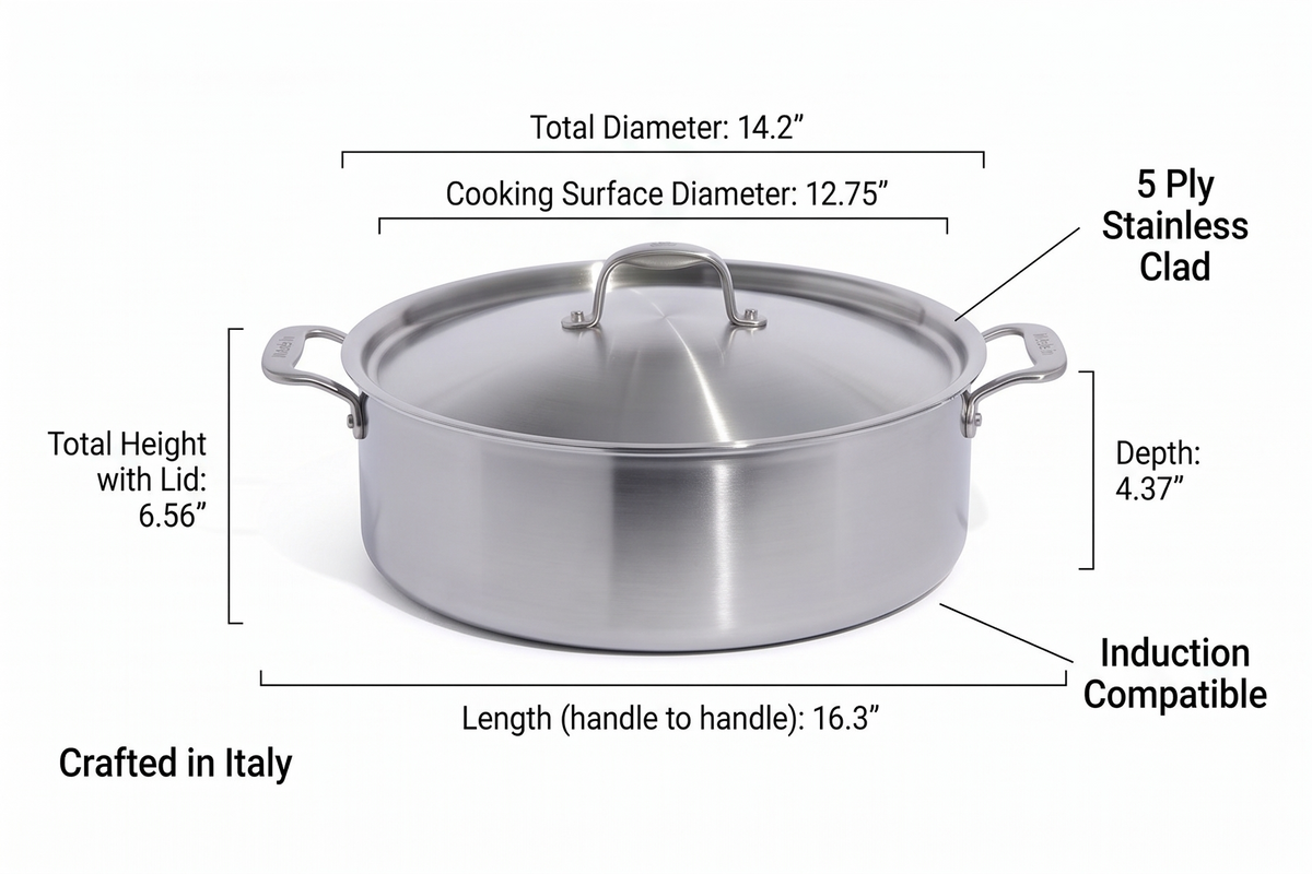Made In Cookware - 10 Quart Stainless Steel Rondeau Pot w/Lid - 5 Ply Stainless Clad - Professional Cookware - Crafted in Italy - Induction Compatible