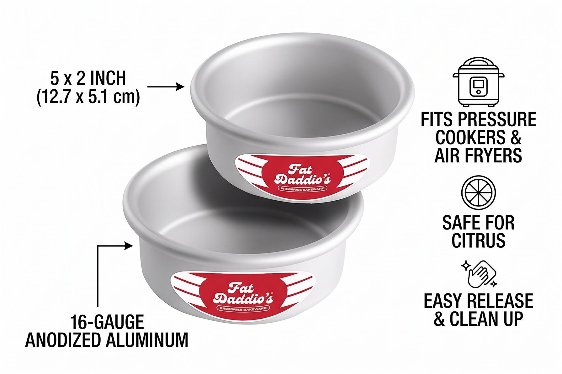 Fat Daddio's Anodized Aluminum Round Cake Pans, 2 Piece Set, 5 x 2 Inch